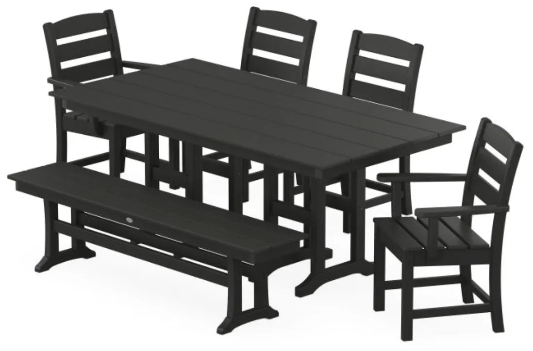 Polywood Dining Set Slate Grey / Pedestal Legs POLYWOOD® 6-Piece Farmhouse Dining Set with Bench