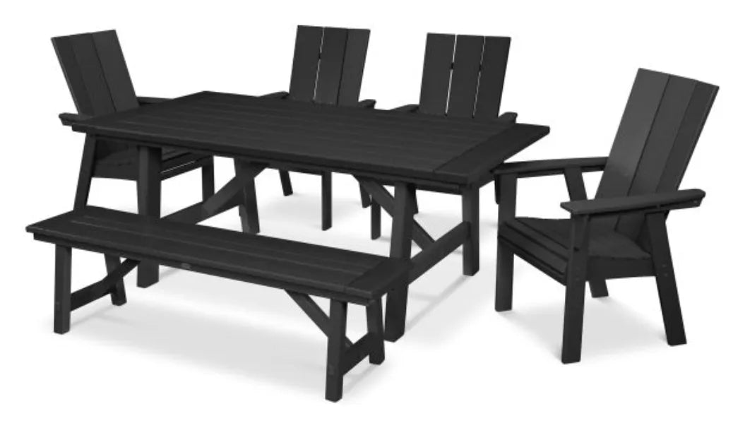 The Outdoor Shops Slate Grey POLYWOOD® Modern Curveback Adirondack 6-Piece Rustic Farmhouse Dining Set with Bench