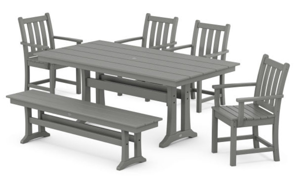 POLYWOOD® Traditional Garden Arm Chair 6-Piece Farmhouse Dining Set with Trestle Legs and Bench