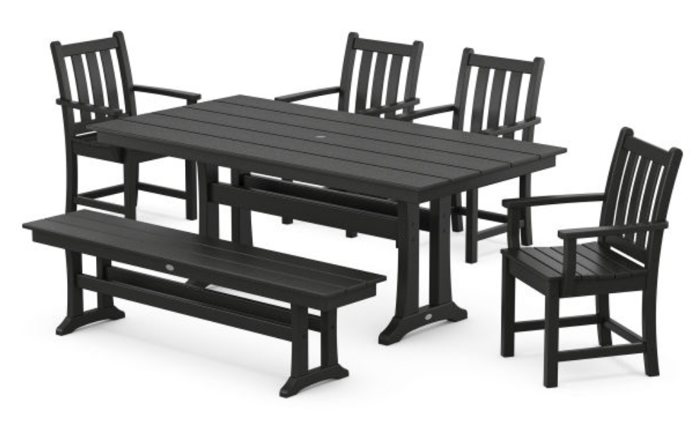 POLYWOOD® Traditional Garden Arm Chair 6-Piece Farmhouse Dining Set with Trestle Legs and Bench