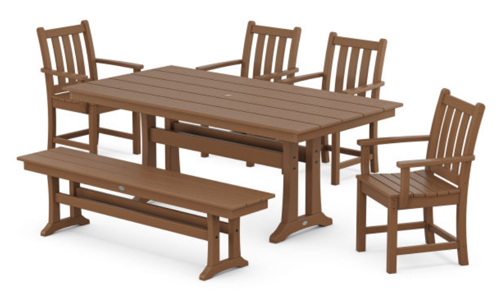 POLYWOOD® Traditional Garden Arm Chair 6-Piece Farmhouse Dining Set with Trestle Legs and Bench