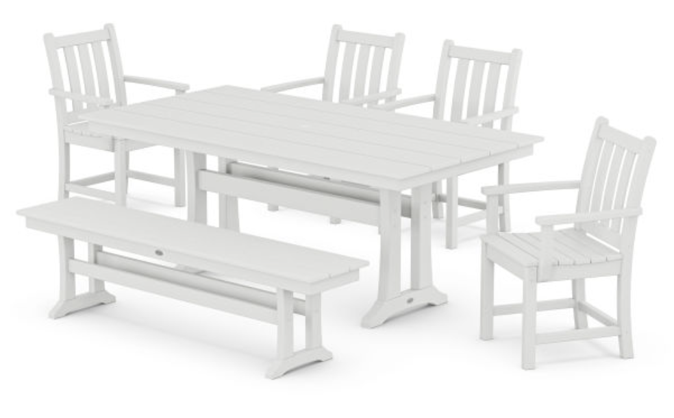 POLYWOOD® Traditional Garden Arm Chair 6-Piece Farmhouse Dining Set with Trestle Legs and Bench