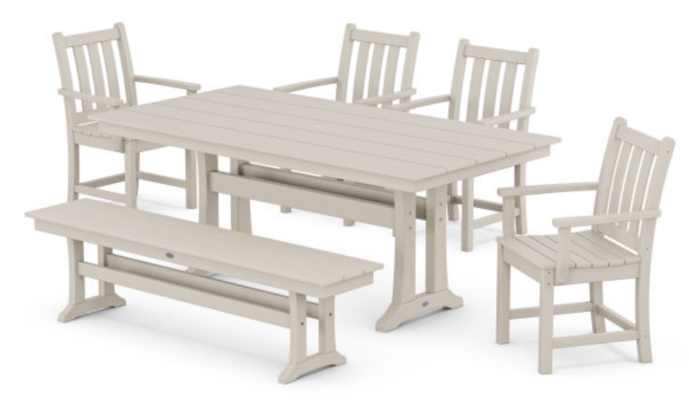 POLYWOOD® Traditional Garden Arm Chair 6-Piece Farmhouse Dining Set with Trestle Legs and Bench