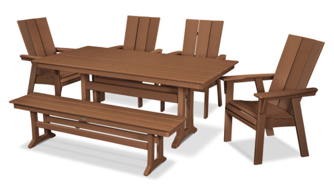 POLYWOOD® Modern Curveback Adirondack 6-Piece Farmhouse Dining Set with Trestle Legs and Bench