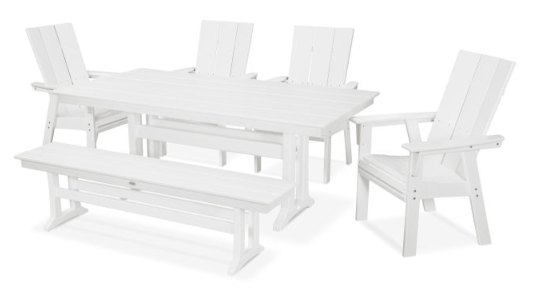 POLYWOOD® Modern Curveback Adirondack 6-Piece Farmhouse Dining Set with Trestle Legs and Bench