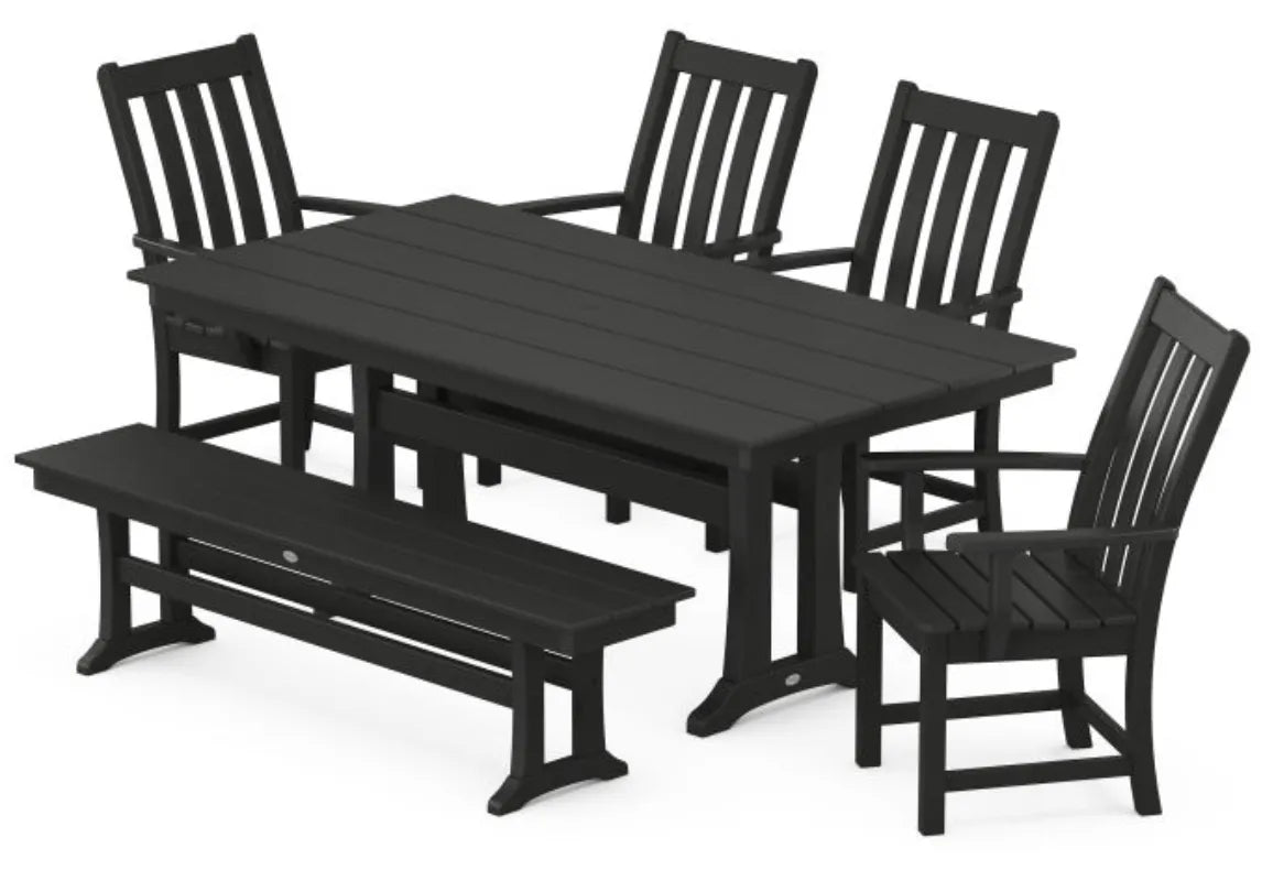 Polywood Dining Set Black POLYWOOD® Vineyard 6-Piece Arm Chair Farmhouse Dining Set with Trestle Legs and Bench