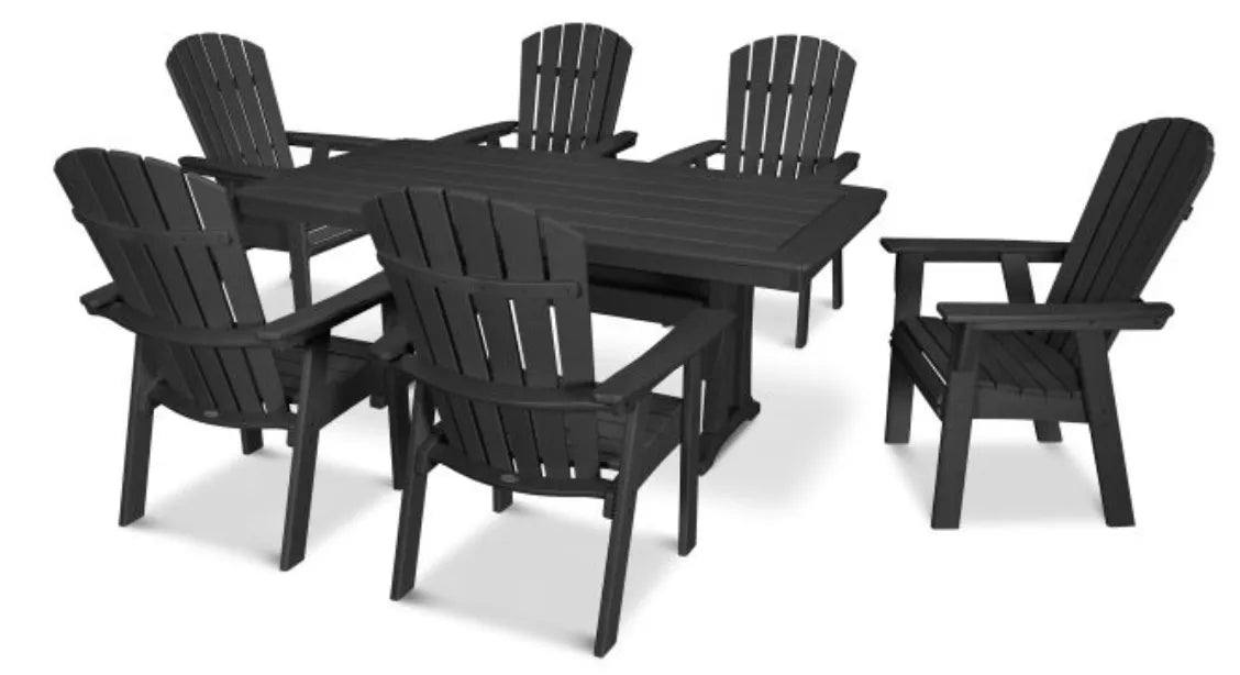 Polywood Dining Set Black POLYWOOD® Nautical Curveback Adirondack 7-Piece Dining Set with Trestle Legs