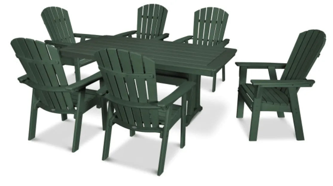 Polywood Dining Set Green POLYWOOD® Nautical Curveback Adirondack 7-Piece Dining Set with Trestle Legs