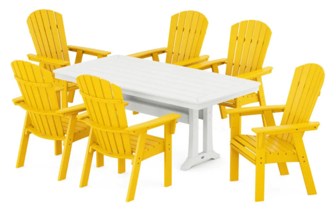 Polywood Dining Set Lemon POLYWOOD® Nautical Curveback Adirondack 7-Piece Dining Set with Trestle Legs