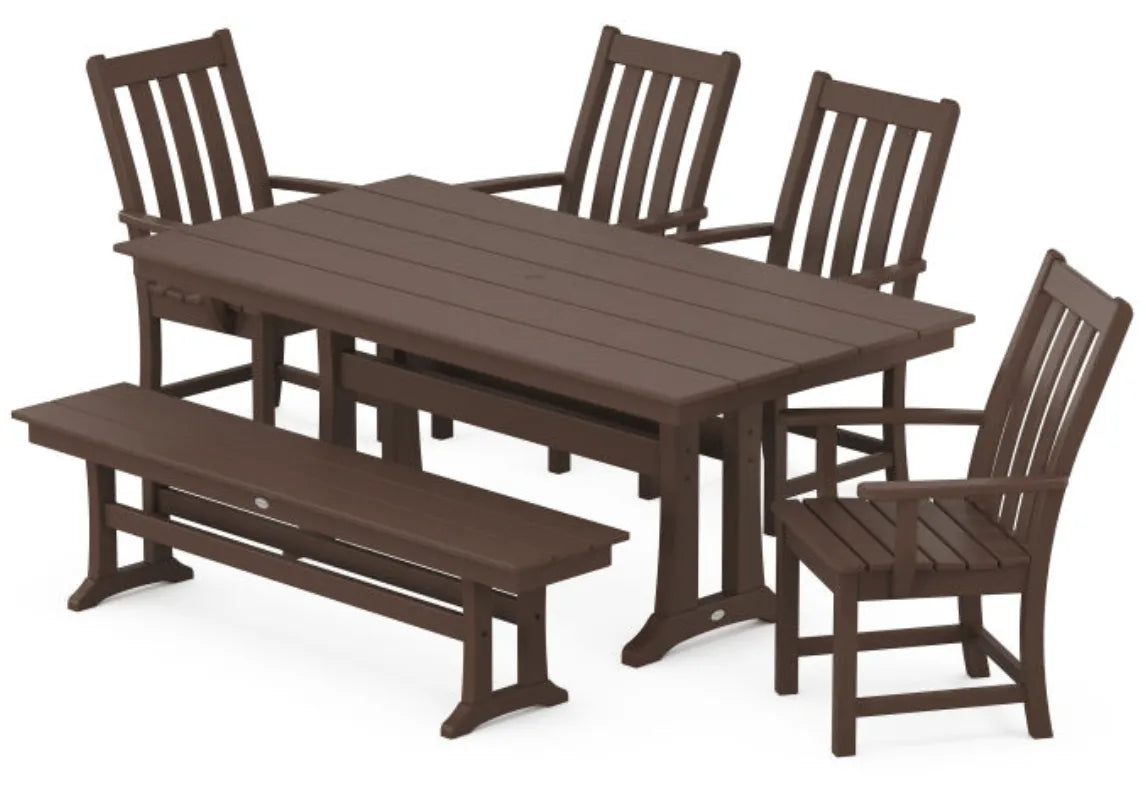 Polywood Dining Set Mahogany POLYWOOD® Vineyard 6-Piece Arm Chair Farmhouse Dining Set with Trestle Legs and Bench