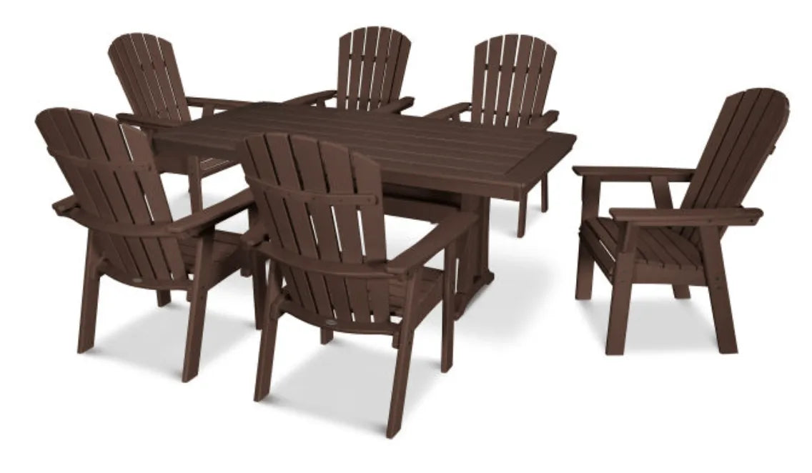 Polywood Dining Set Mahogany POLYWOOD® Nautical Curveback Adirondack 7-Piece Dining Set with Trestle Legs