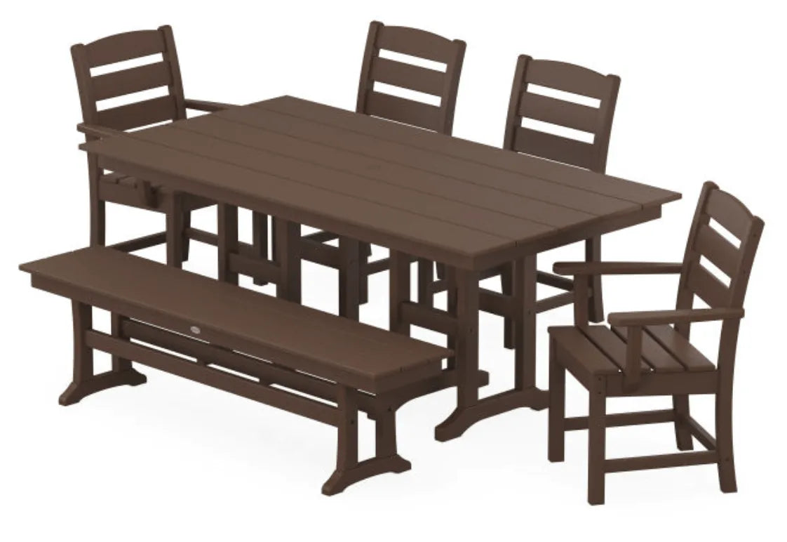 Polywood Dining Set Mahogany / Pedestal Legs POLYWOOD® 6-Piece Farmhouse Dining Set with Bench