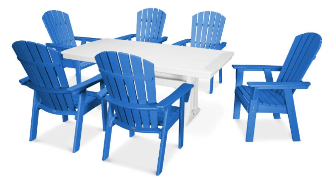 Polywood Dining Set Pacific Blue POLYWOOD® Nautical Curveback Adirondack 7-Piece Dining Set with Trestle Legs