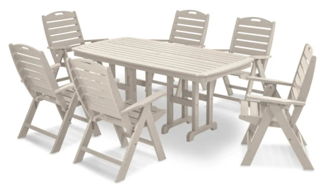 Polywood Dining Set Sand POLYWOOD® Nautical Folding Highback Chair 7-Piece Dining Set