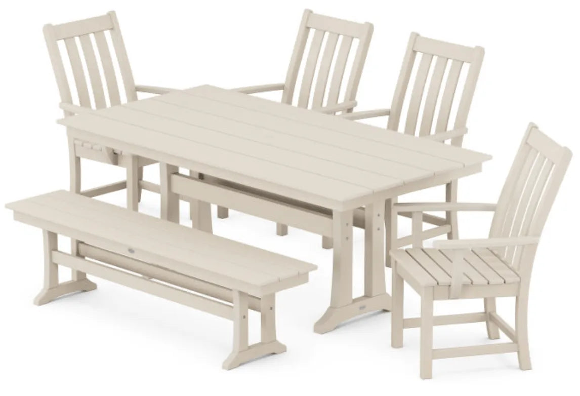 Polywood Dining Set Sand POLYWOOD® Vineyard 6-Piece Arm Chair Farmhouse Dining Set with Trestle Legs and Bench