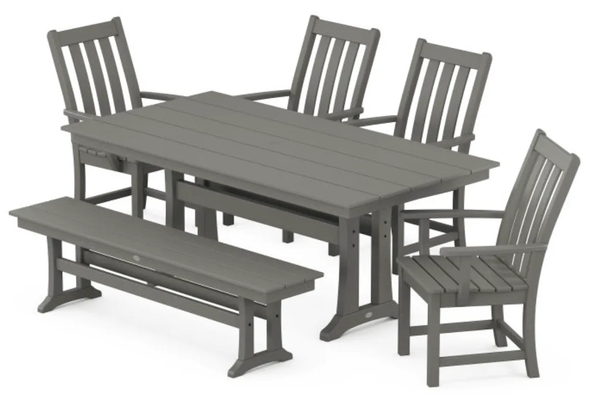 Polywood Dining Set Slate Grey POLYWOOD® Vineyard 6-Piece Arm Chair Farmhouse Dining Set with Trestle Legs and Bench
