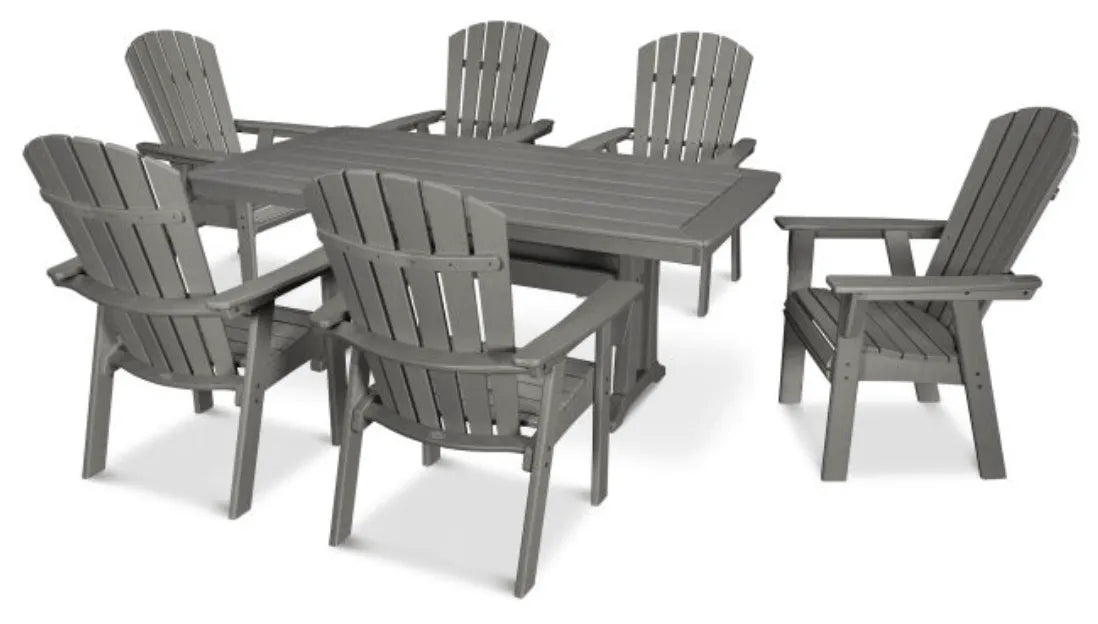 Polywood Dining Set Slate Grey POLYWOOD® Nautical Curveback Adirondack 7-Piece Dining Set with Trestle Legs