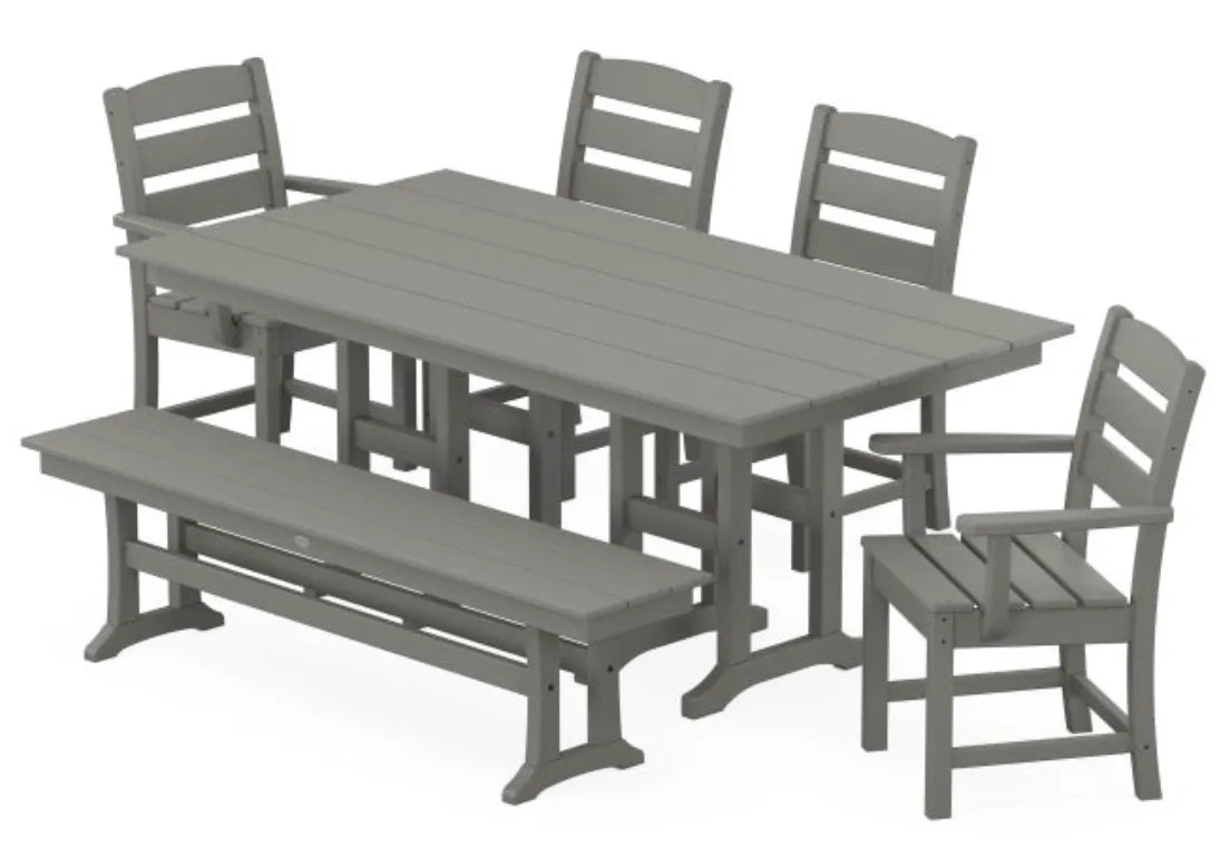 Polywood Dining Set Slate Grey / Pedestal Legs POLYWOOD® 6-Piece Farmhouse Dining Set with Bench