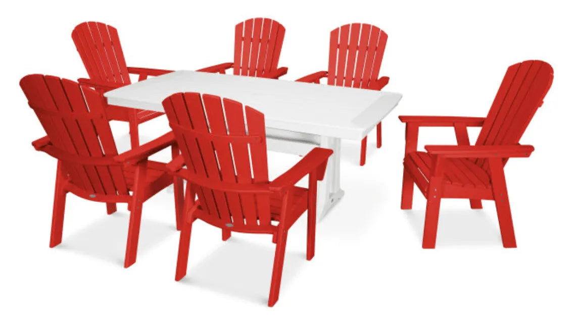 Polywood Dining Set Sunset Red POLYWOOD® Nautical Curveback Adirondack 7-Piece Dining Set with Trestle Legs