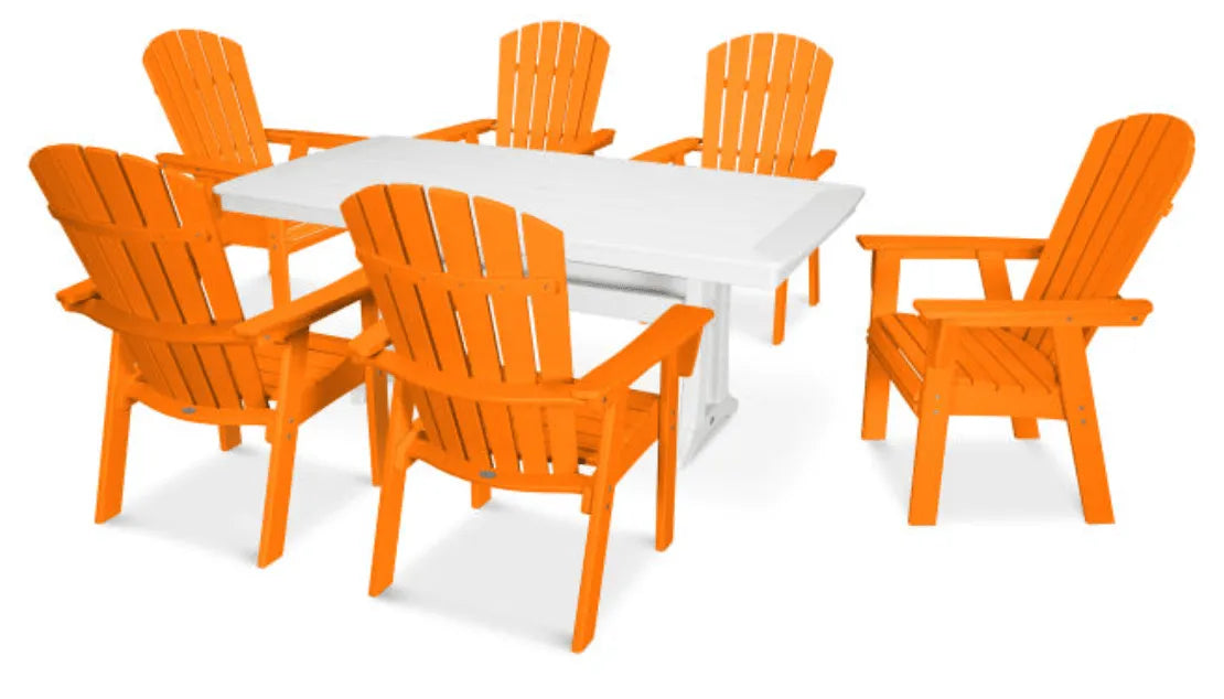 Polywood Dining Set Tangerine POLYWOOD® Nautical Curveback Adirondack 7-Piece Dining Set with Trestle Legs