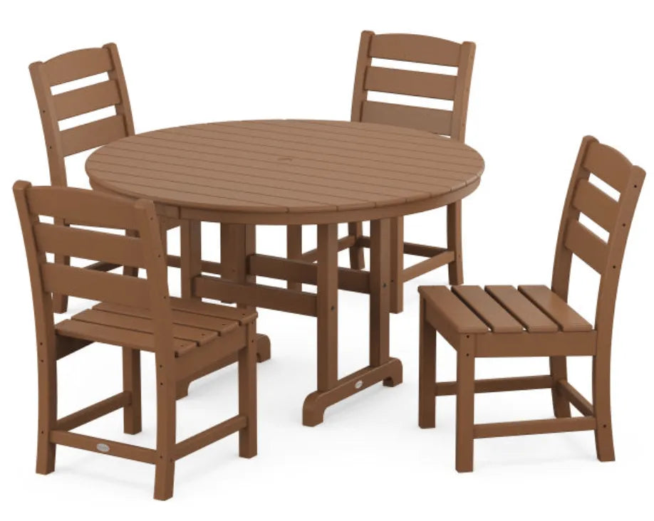 Polywood Dining Set Teak POLYWOOD® Lakeside 5-Piece Round Farmhouse Side Chair Dining Set
