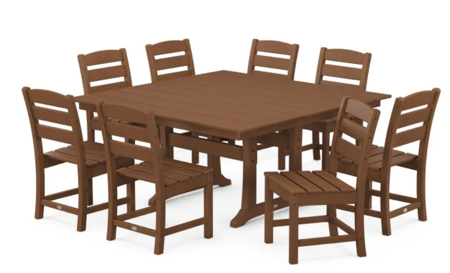 Polywood Dining Set Teak POLYWOOD® Lakeside 9-Piece Farmhouse Trestle Dining Set