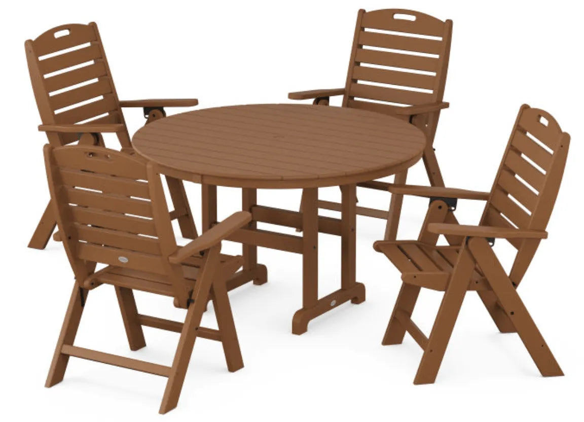 Polywood Dining Set Teak POLYWOOD® Nautical Folding Chair 5-Piece Round Farmhouse Dining Set