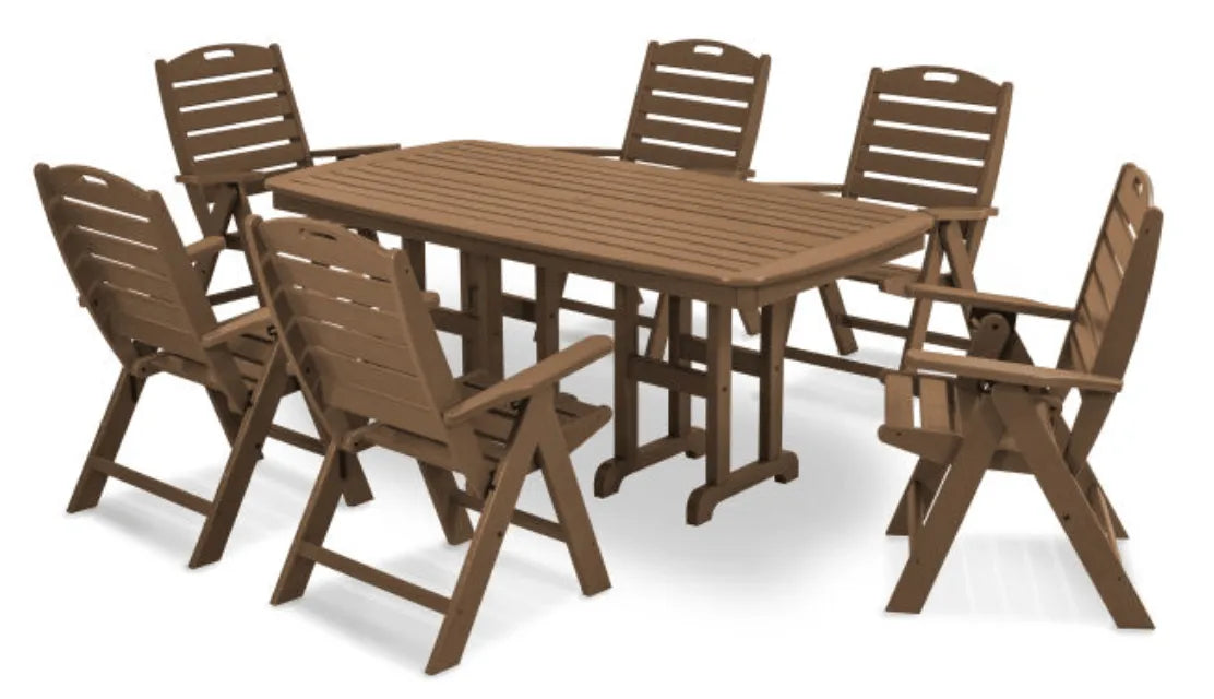 Polywood Dining Set Teak POLYWOOD® Nautical Folding Highback Chair 7-Piece Dining Set
