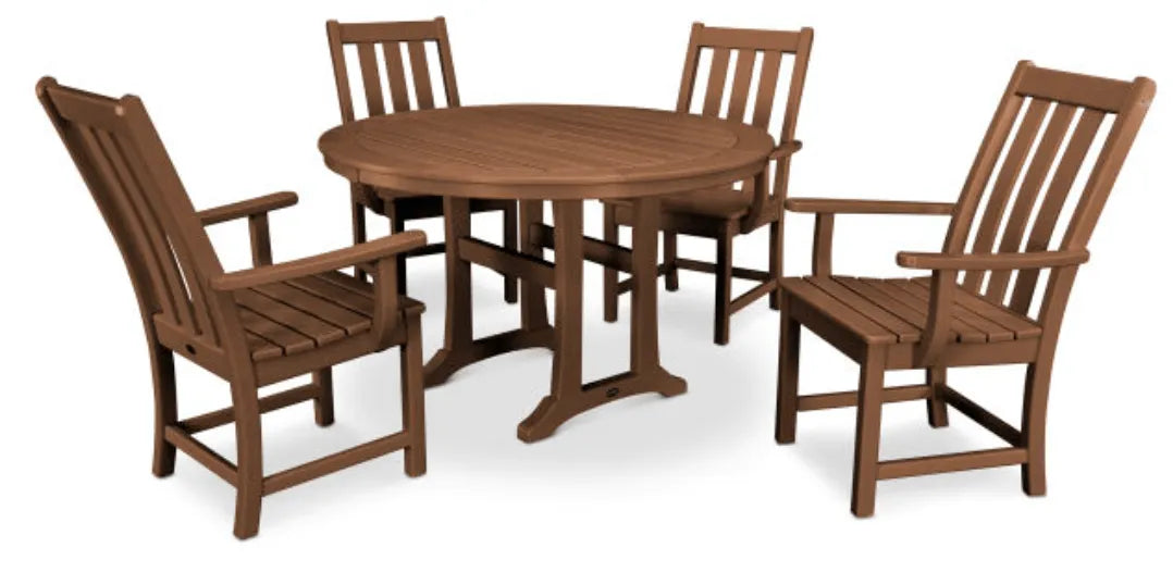 Polywood Dining Set Teak POLYWOOD® Vineyard 5-Piece Round Dining Set with Trestle Legs