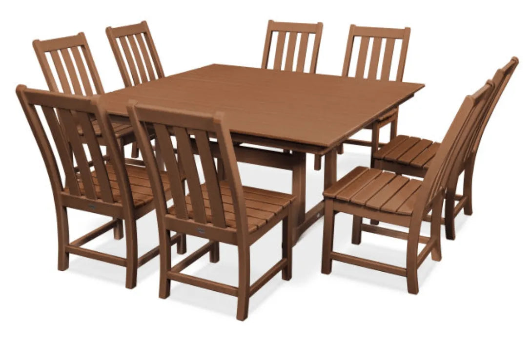 Polywood Dining Set Teak POLYWOOD® Vineyard 9-Piece Farmhouse Trestle Dining Set