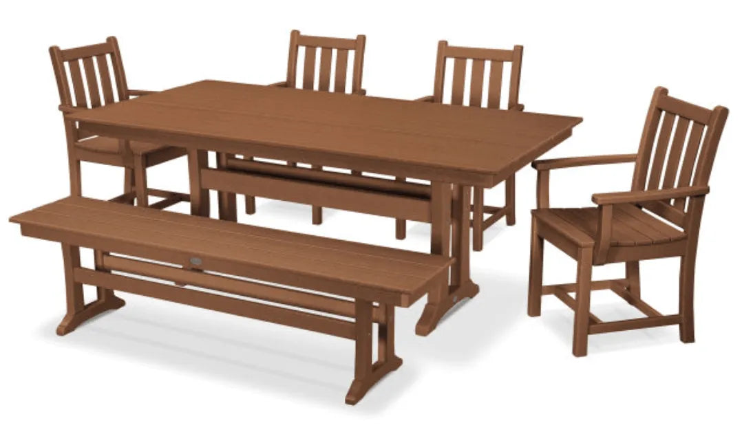 Polywood Dining Set Teak POLYWOOD® Traditional Garden Arm Chair 6-Piece Farmhouse Dining Set