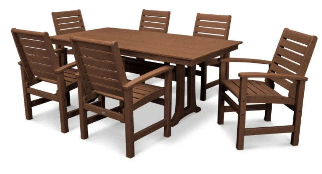 Polywood Dining Set Teak POLYWOOD® Signature 7-Piece Farmhouse Dining Set with Trestle Legs