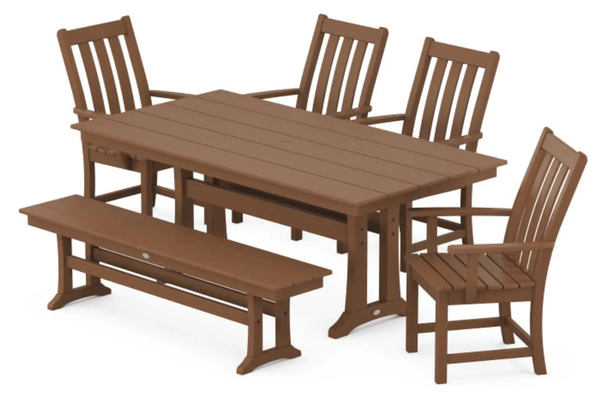 Polywood Dining Set Teak POLYWOOD® Vineyard 6-Piece Arm Chair Farmhouse Dining Set with Trestle Legs and Bench