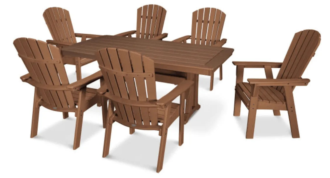 Polywood Dining Set Teak POLYWOOD® Nautical Curveback Adirondack 7-Piece Dining Set with Trestle Legs