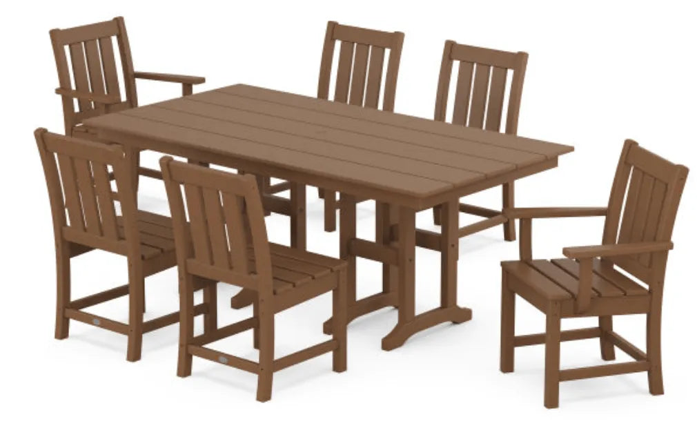 Polywood Dining Set Teak / Pedestal Legs POLYWOOD® Oxford 7-Piece Farmhouse Dining Set