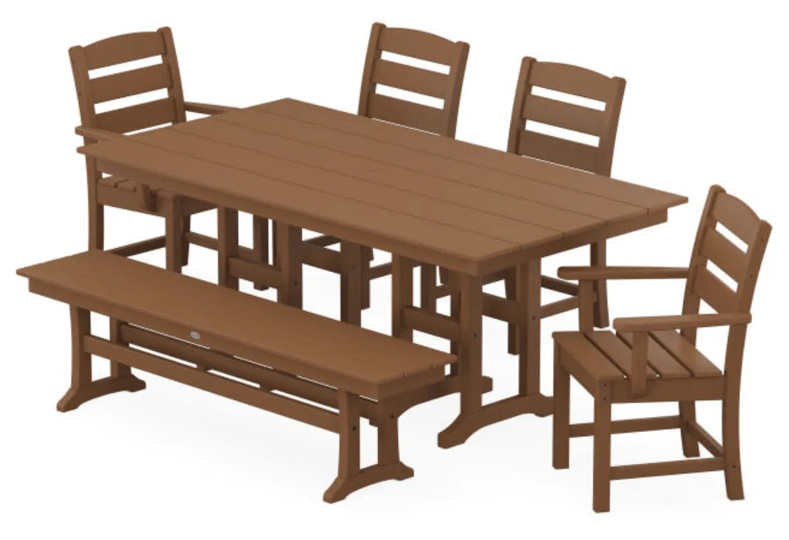 Polywood Dining Set Teak / Pedestal Legs POLYWOOD® Lakeside 6-Piece Farmhouse Dining Set with Bench