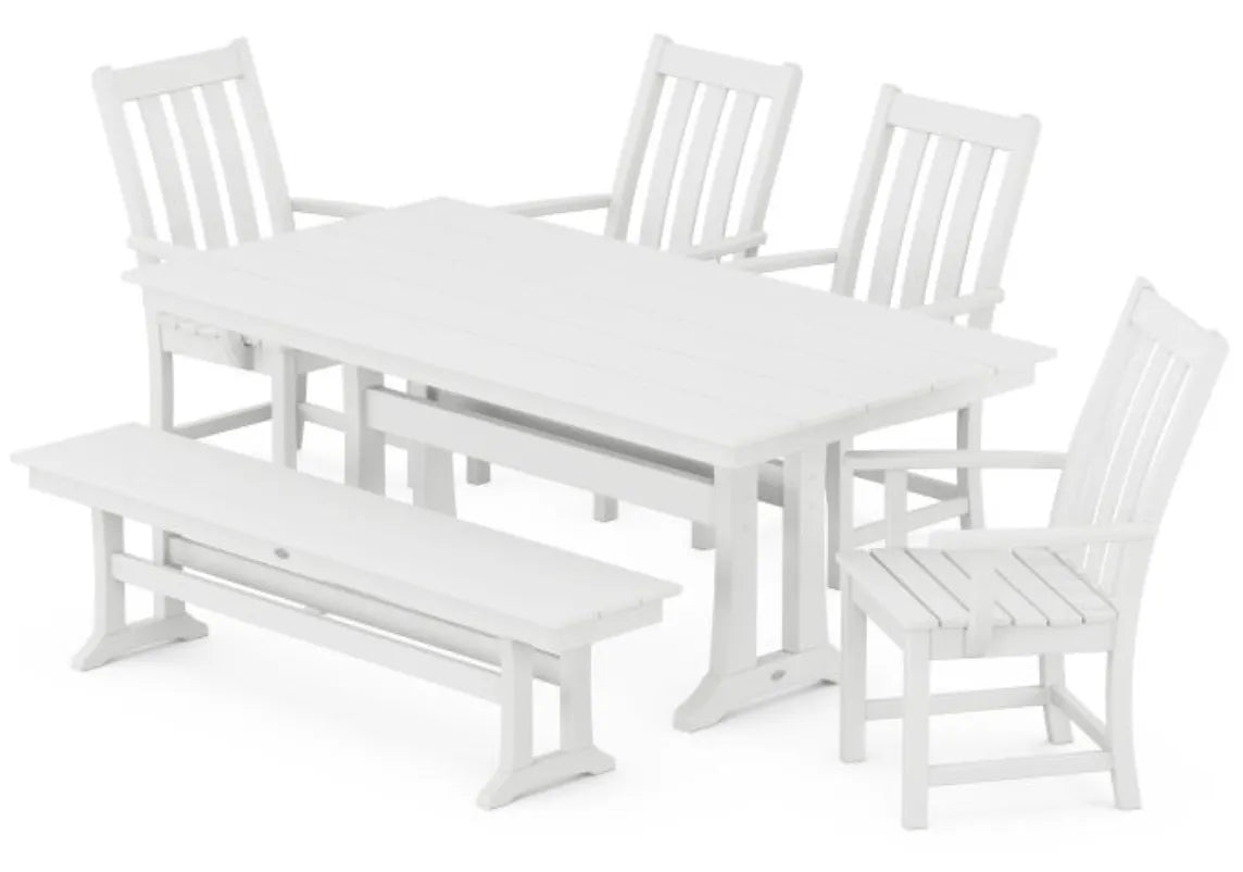 Polywood Dining Set White POLYWOOD® Vineyard 6-Piece Arm Chair Farmhouse Dining Set with Trestle Legs and Bench
