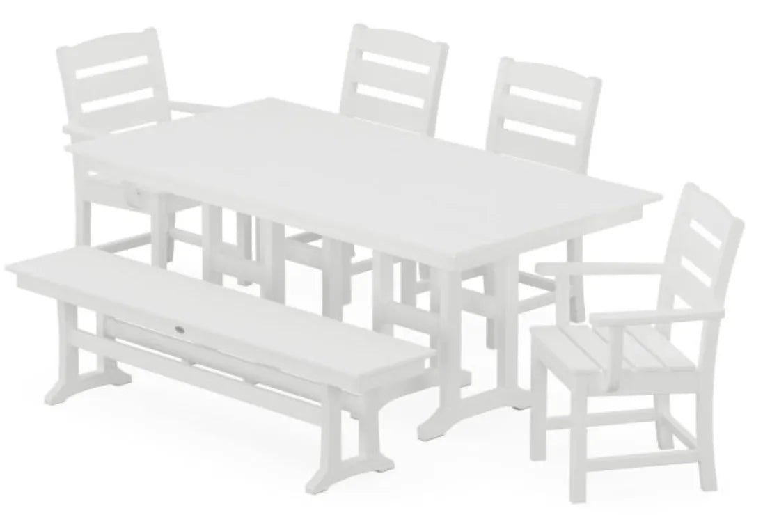 Polywood Dining Set White / Pedestal Legs POLYWOOD® 6-Piece Farmhouse Dining Set with Bench