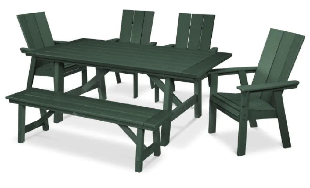 The Outdoor Shops Green POLYWOOD® Modern Curveback Adirondack 6-Piece Rustic Farmhouse Dining Set with Bench