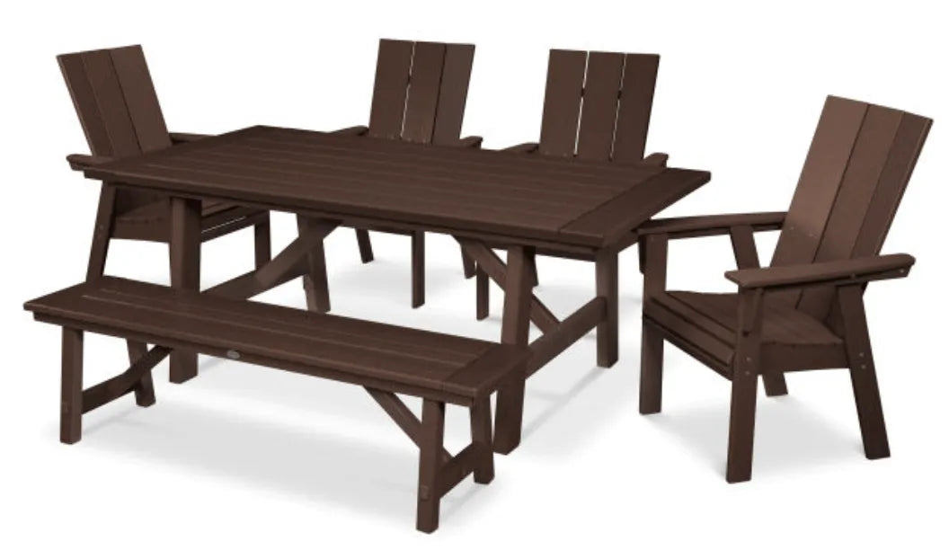 The Outdoor Shops Mahogany POLYWOOD® Modern Curveback Adirondack 6-Piece Rustic Farmhouse Dining Set with Bench