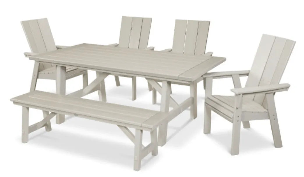 The Outdoor Shops Sand POLYWOOD® Modern Curveback Adirondack 6-Piece Rustic Farmhouse Dining Set with Bench