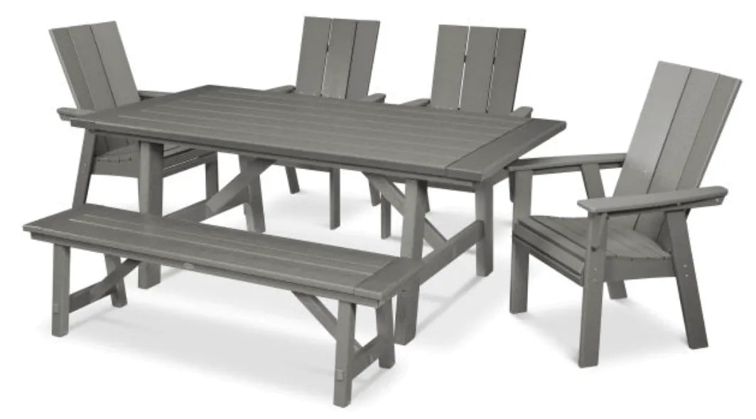 The Outdoor Shops Slate Grey POLYWOOD® Modern Curveback Adirondack 6-Piece Rustic Farmhouse Dining Set with Bench