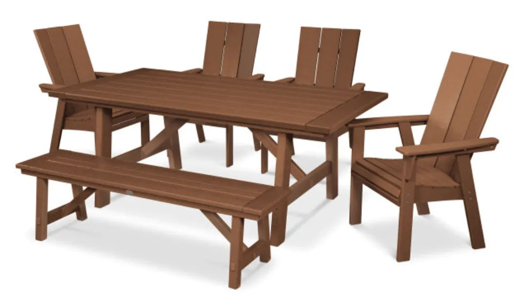 The Outdoor Shops Teak POLYWOOD® Modern Curveback Adirondack 6-Piece Rustic Farmhouse Dining Set with Bench