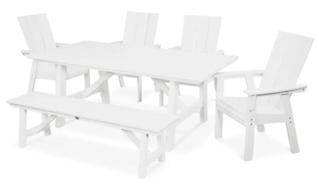 The Outdoor Shops White POLYWOOD® Modern Curveback Adirondack 6-Piece Rustic Farmhouse Dining Set with Bench